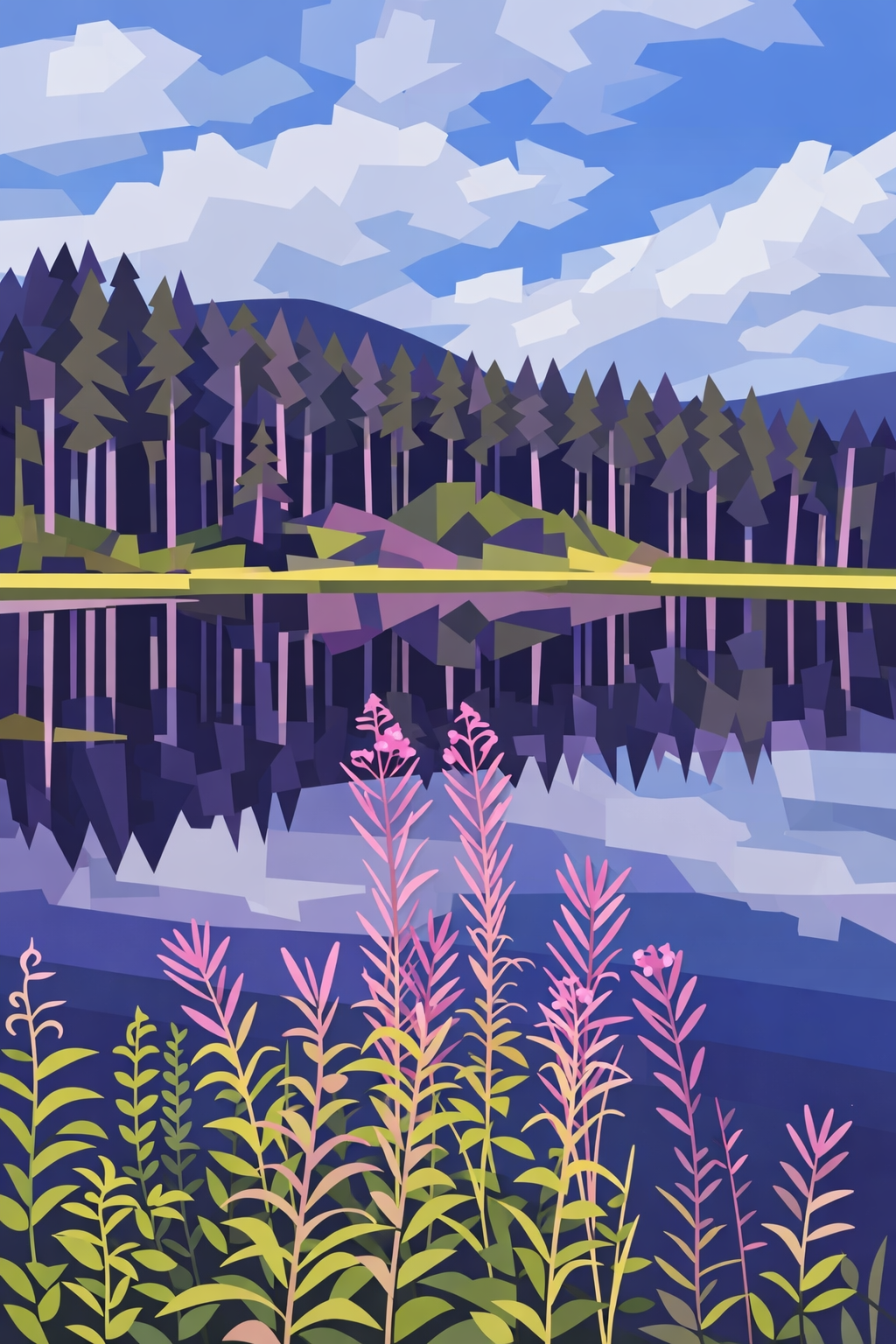 stilisiertes Bild See mit pinken Blüten und blauem Wasser/Himmel